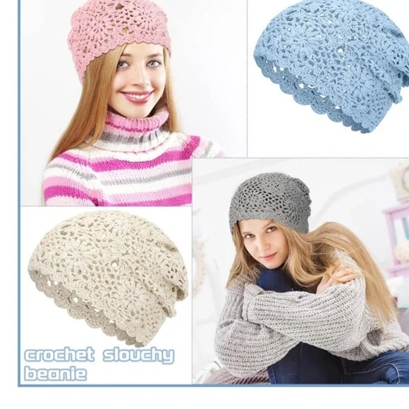 Beige Handmade Knit Floral Skull Cap Cotton Cutout Summer Hats for Women … - Picture 3 of 11